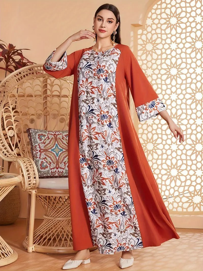 Elegant Floral Print Long Sleeved Abaya Robe Dress - Abaya dress