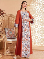 Elegant Floral Print Long Sleeved Abaya Robe Dress - Abaya dress
