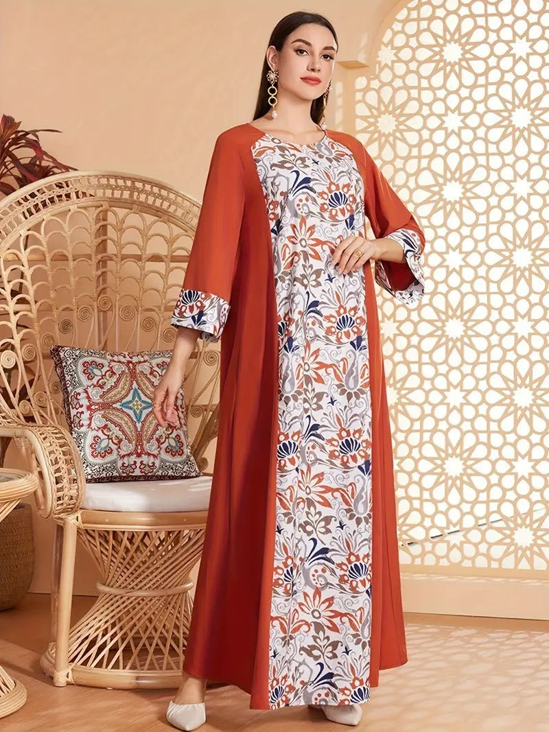 Elegant Floral Print Long Sleeved Abaya Robe Dress - Abaya dress