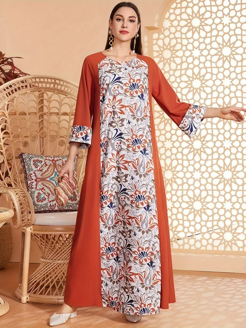 Elegant Floral Print Long Sleeved Abaya Robe Dress - Abaya dress