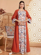 Elegant Floral Print Long Sleeved Abaya Robe Dress - Abaya dress