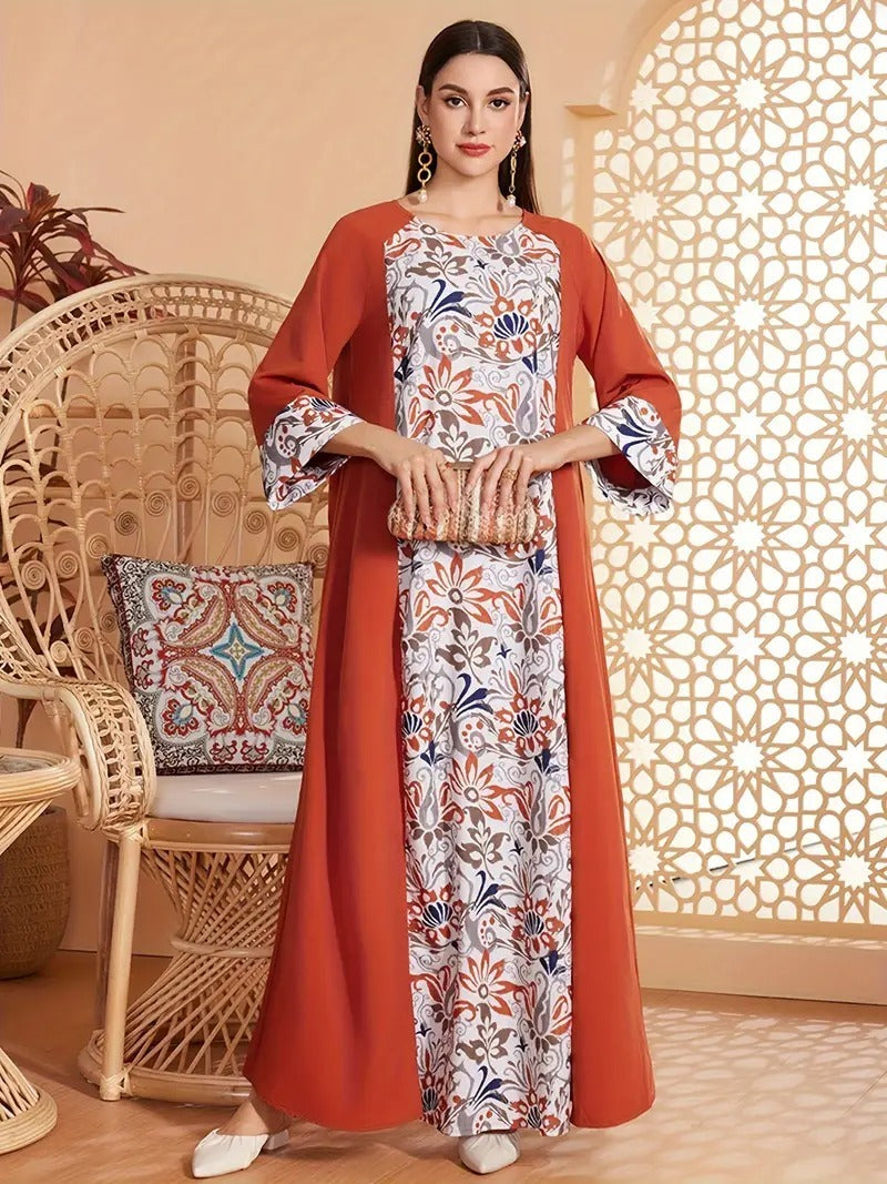 Elegant Floral Print Long Sleeved Abaya Robe Dress - Abaya dress