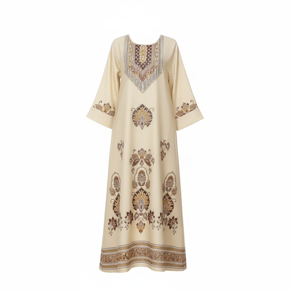 Floral Print Lace-Trim Abaya Dress | Long Sleeve Modest Maxi