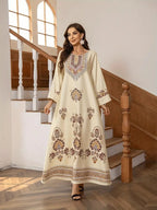 Elegant Floral Printed Abaya Dress Modest Dress Modest Fashion - Apricot / L - Abaya dress