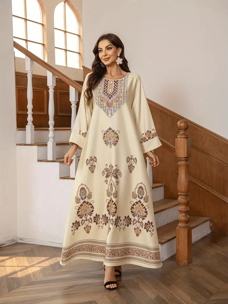 Elegant Floral Printed Abaya Dress Modest Dress Modest Fashion - Apricot / L - Abaya dress