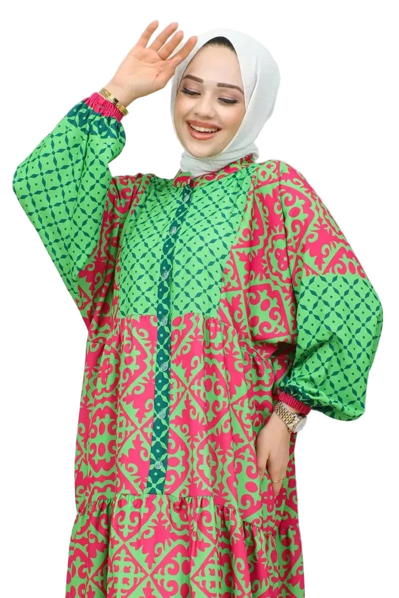 Ethnic Patterned Hijab Dress in Green – NEOMODEST product image 1