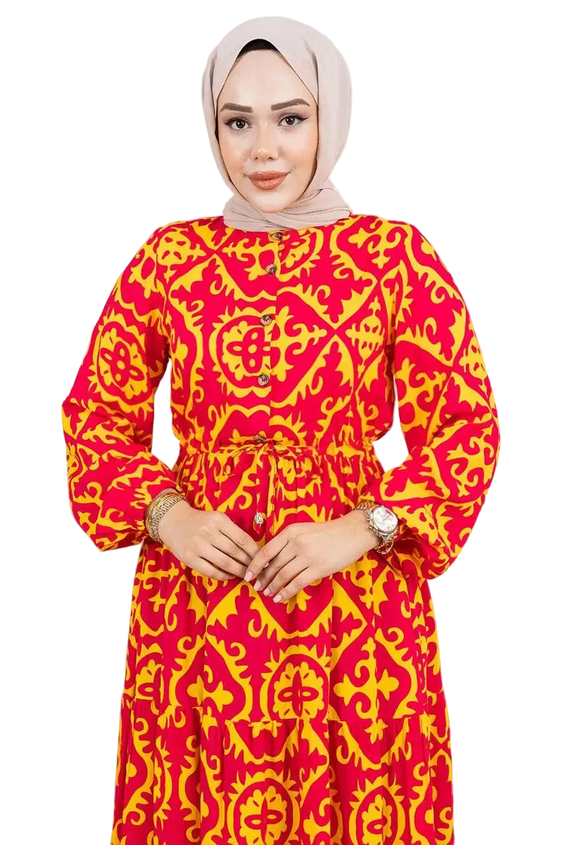 Ethnic Patterned Viscose Modest Dress| Yellow & Red