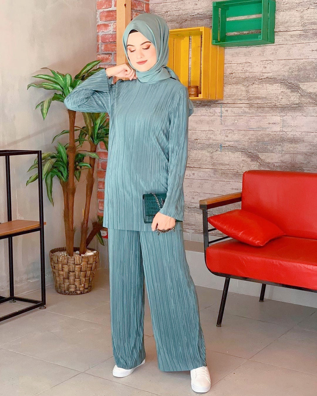 Ethnic Style Loose Casual Pleated 2-Pieces Suit - Blue And Green / L - 2-pieces set
