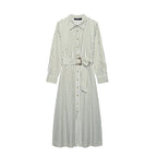 European And American Style Striped Lapel Single Breasted Belt Dress