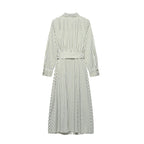 European And American Style Striped Lapel Single Breasted Belt Dress