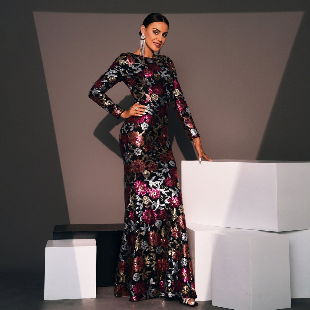 Evening Gown Long Sleeve Crew Neck Sequined Bridesmaid Dress - Dress