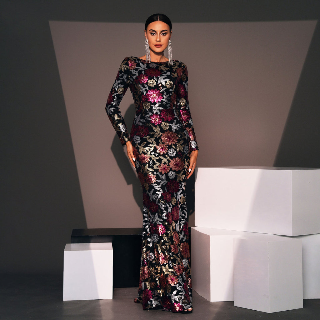 Evening Gown Long Sleeve Crew Neck Sequined Bridesmaid Dress - Dress