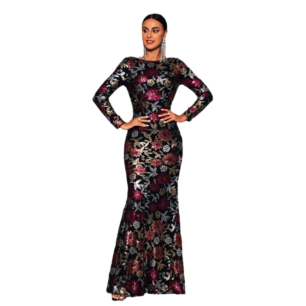 Evening Gown, Long Sleeve Crew Neck Sequined Bridesmaid Dress