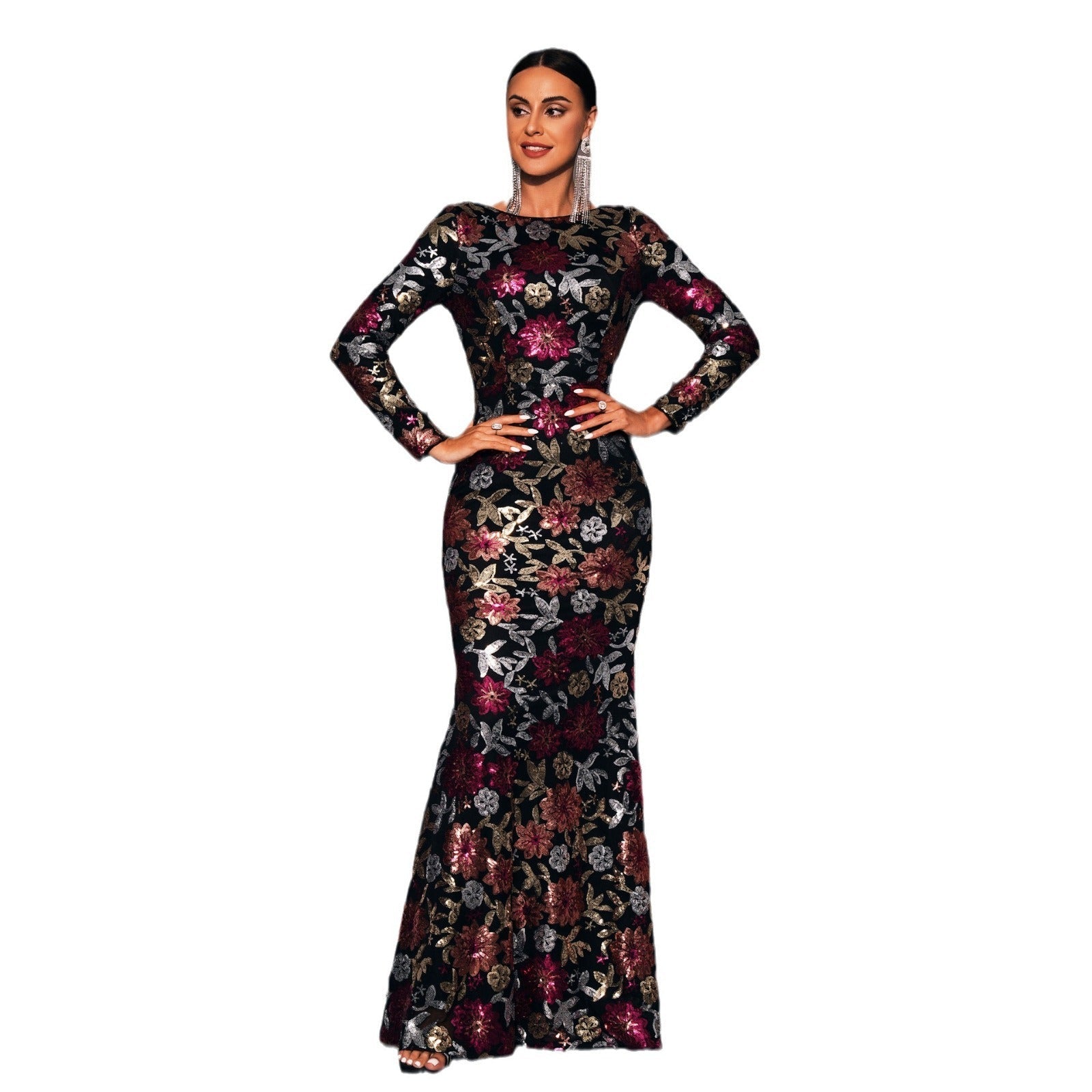 Evening Gown, Long Sleeve Crew Neck Sequined Bridesmaid Dress