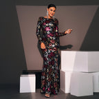 Evening Gown Long Sleeve Crew Neck Sequined Bridesmaid Dress - Black / L - Dress