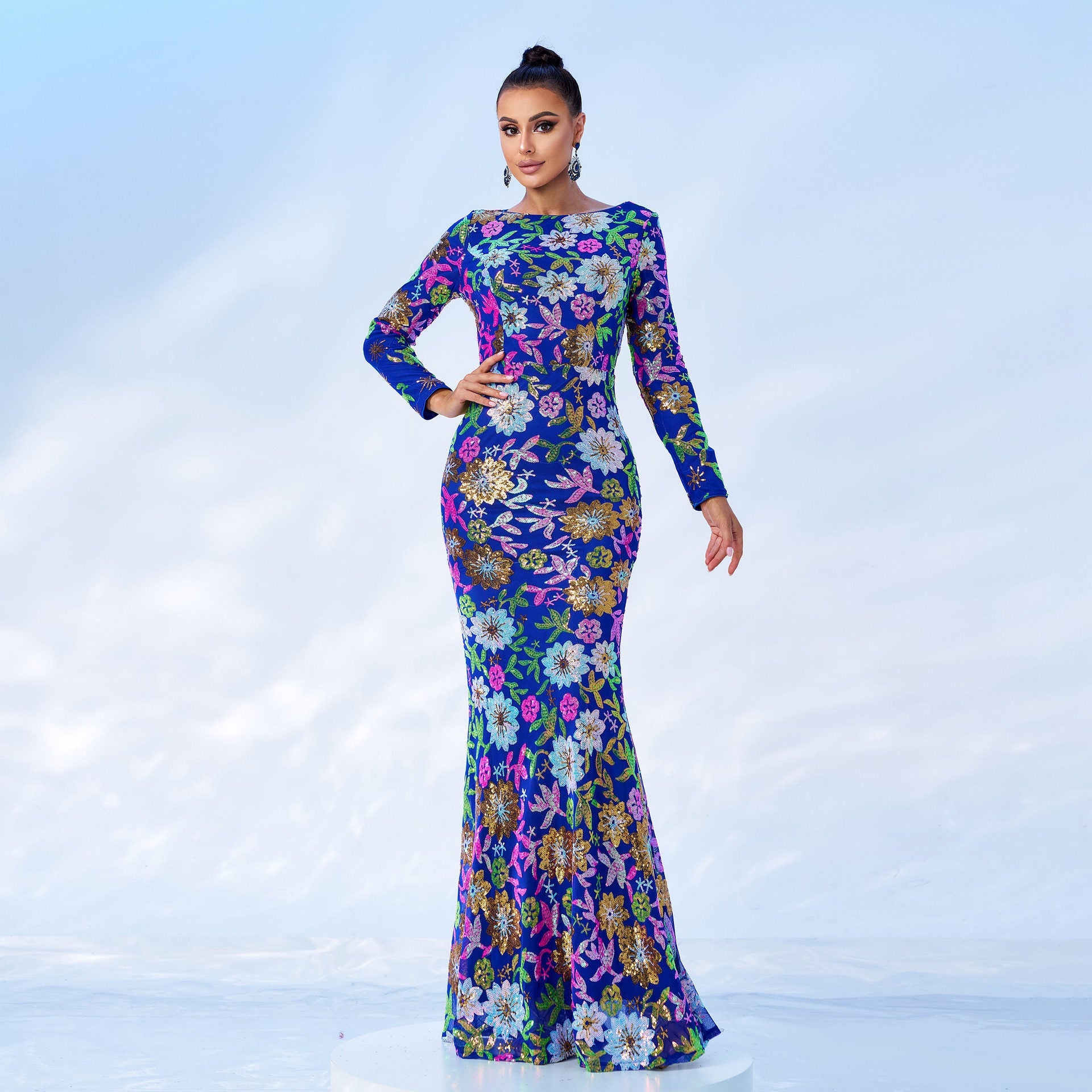 Evening Gown Long Sleeve Crew Neck Sequined Bridesmaid Dress - Blue / L - Dress