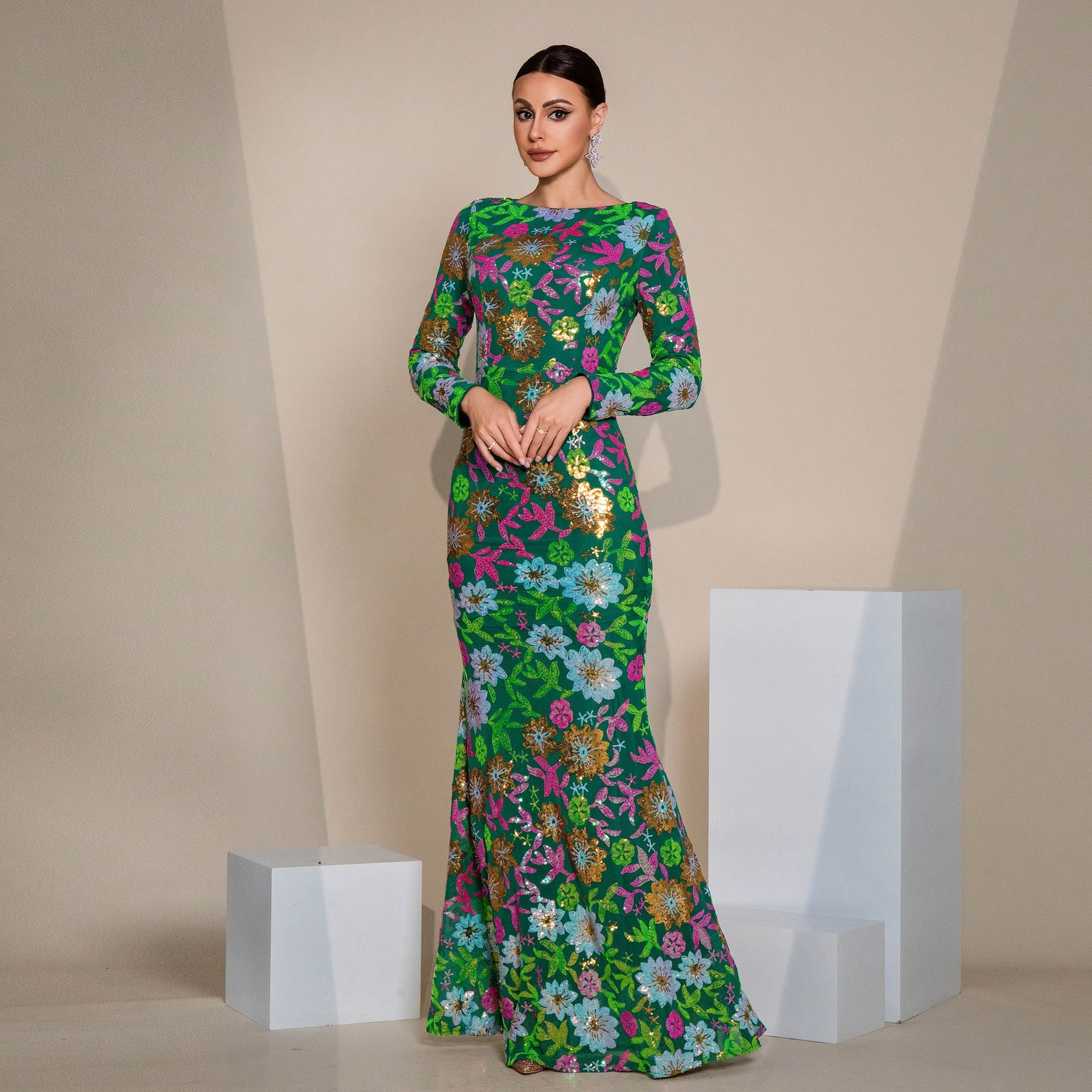 Evening Gown Long Sleeve Crew Neck Sequined Bridesmaid Dress - Green / L - Dress