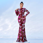 Evening Gown Long Sleeve Crew Neck Sequined Bridesmaid Dress - Wine Red / L - Dress