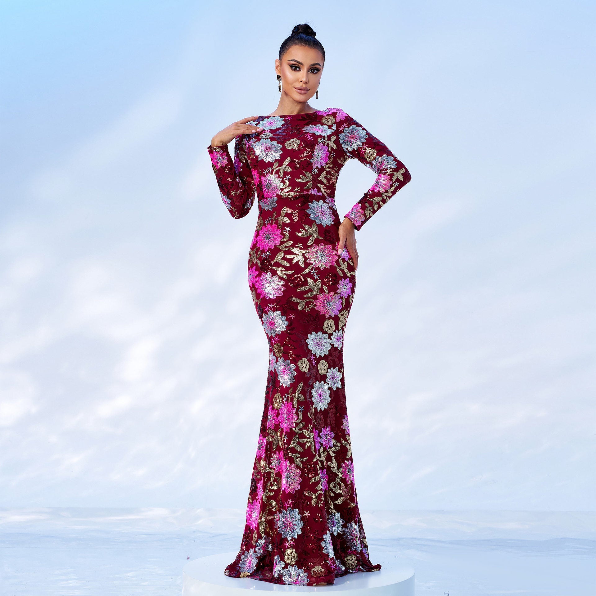 Evening Gown Long Sleeve Crew Neck Sequined Bridesmaid Dress - Wine Red / L - Dress