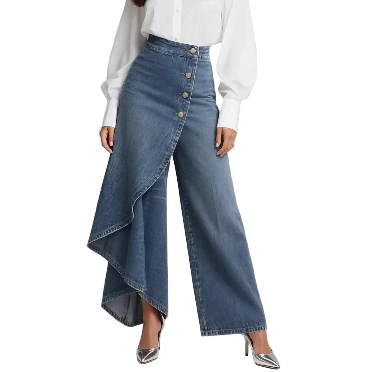 Blue denim wide-leg pants with a white shirt on a gray background