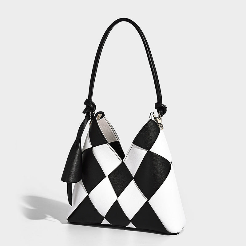 Woven Patchwork Shoulder Bag – Large Capacity Bucket Design