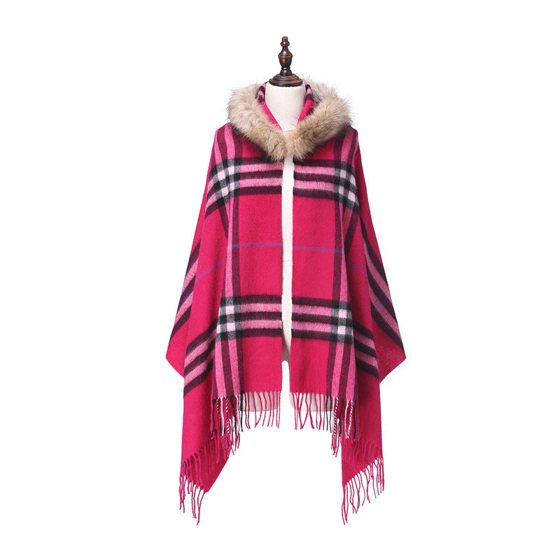 Women's Fur Collar Wool Plaid Scarf