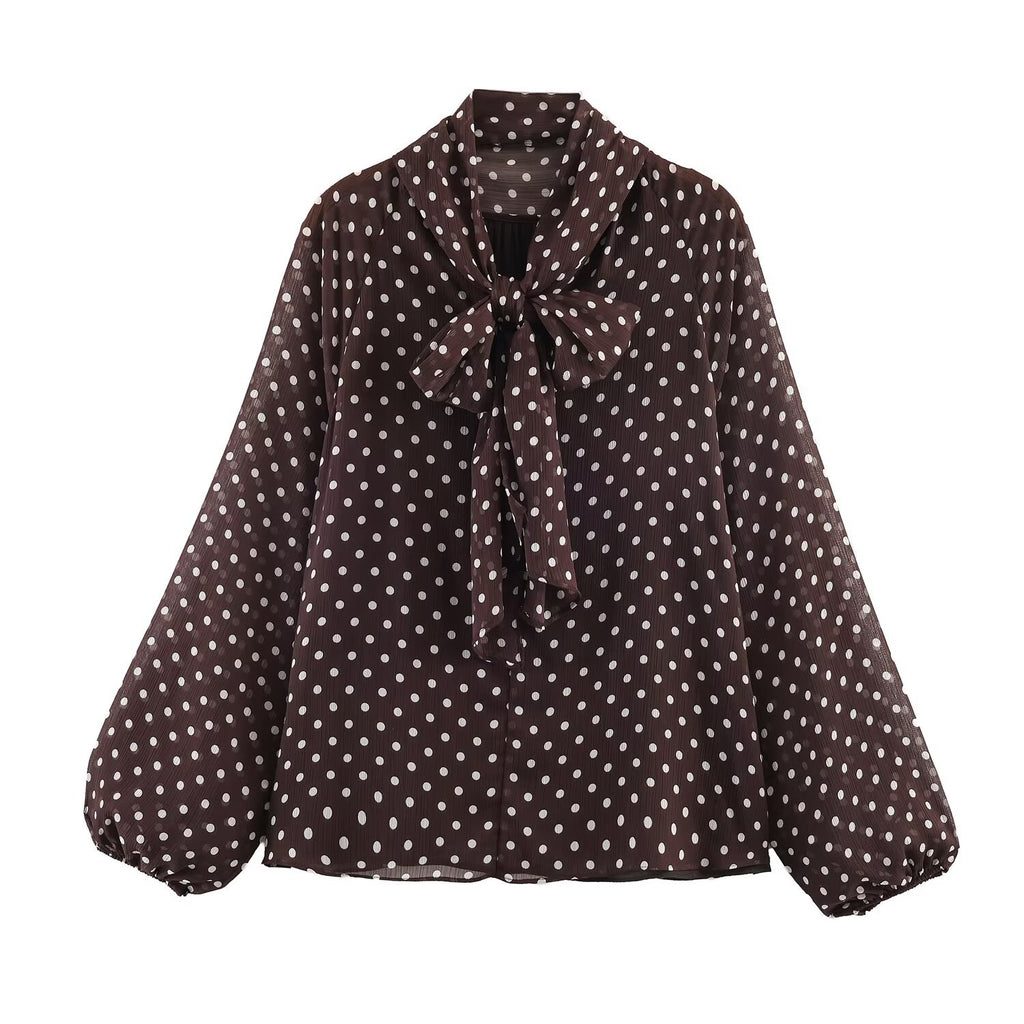 Polka Dot Bow Blouse - Spring Long-Sleeve Shirt