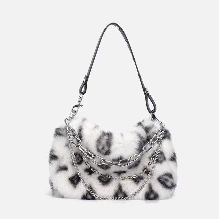 Leopard Print Bag, Underarm Bag, Plush Chain Bag