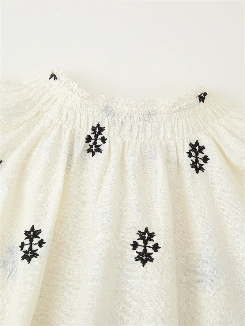 Women’s Casual Long Sleeve Lace-up Embroidered Blouse