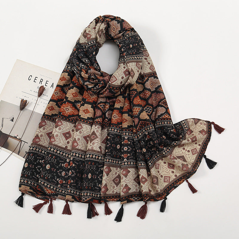 Retro Colour-Block Floral Shawl | 185x80cm All-Season Wrap