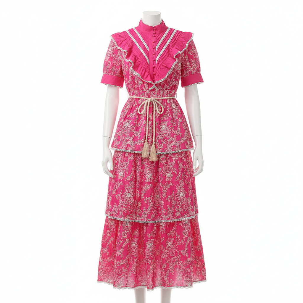 Rose Red Embroidered Modest Dress | Pleated Ruffled Cotton Blend