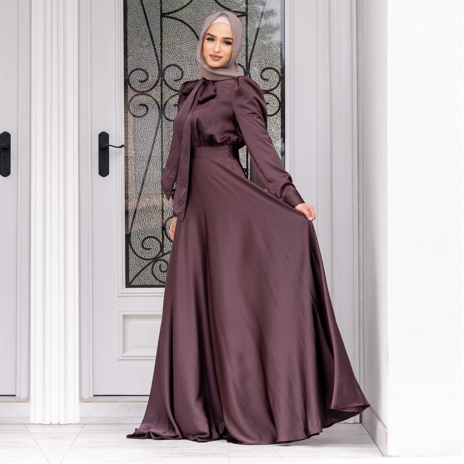 Fashion Large Hem Satin Dress - Red Brown / L