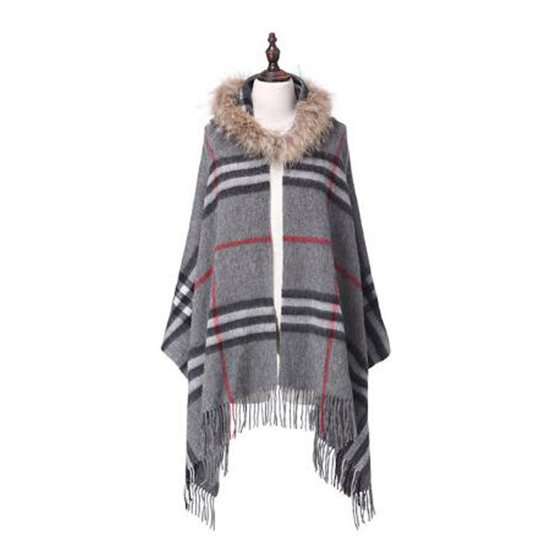 Women's Fur Collar Wool Plaid Scarf
