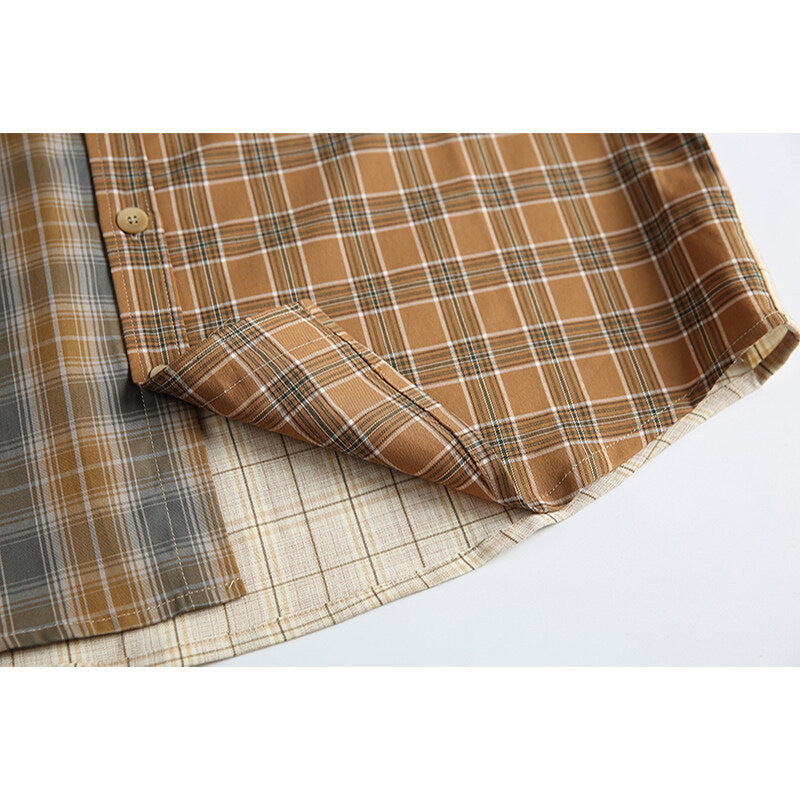 American Retro Irregular Stitching Contrast Colour Check Long Sleeve Shirt