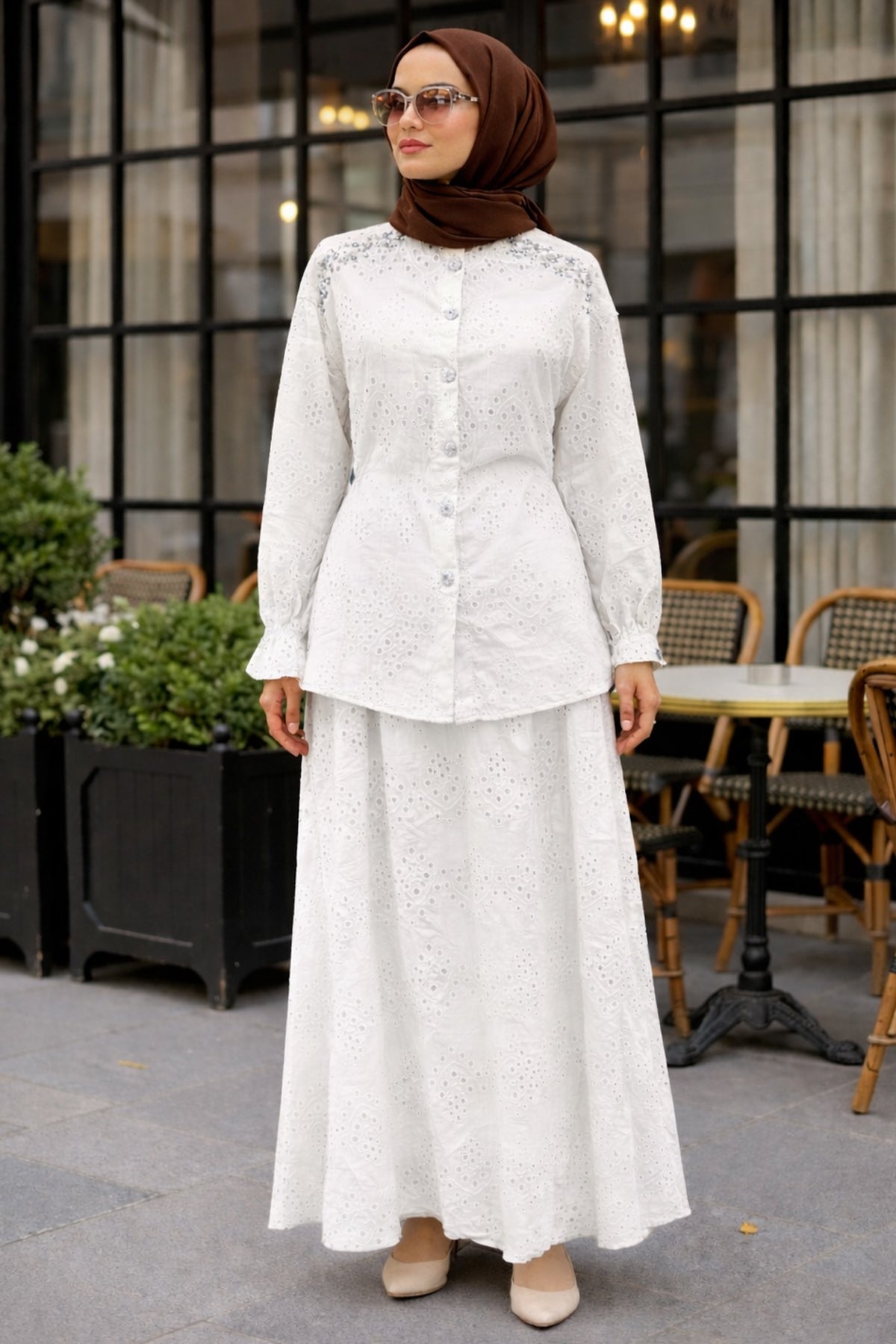 Fisto Stone Embellished Two-piece Set | Ecru – NEOMODEST product image 1