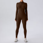 Fleece-lined Long Sleeved Yoga Jumpsuit - L / Dark Brown - Yoga jumpsuit