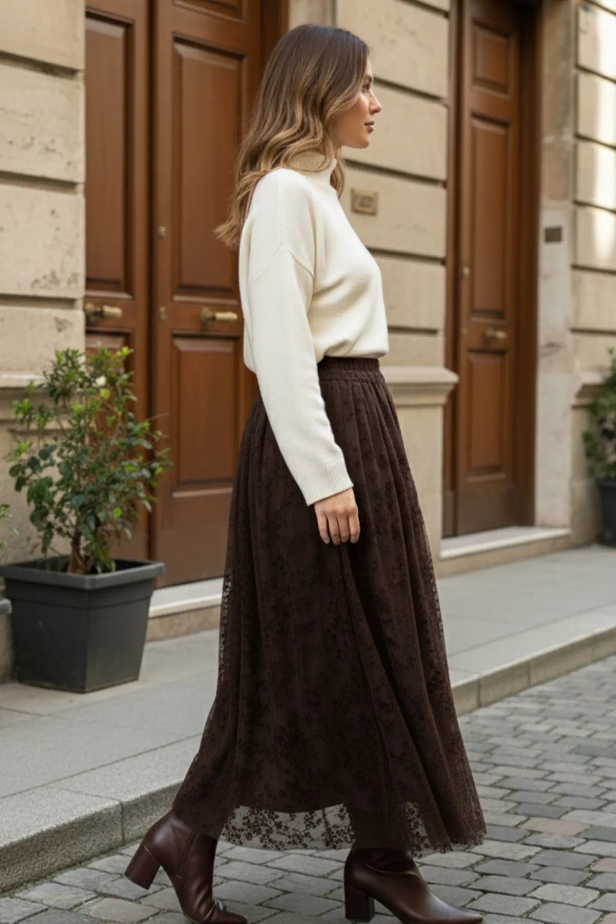 Flock Print Skirt | Brown – NEOMODEST product image 2