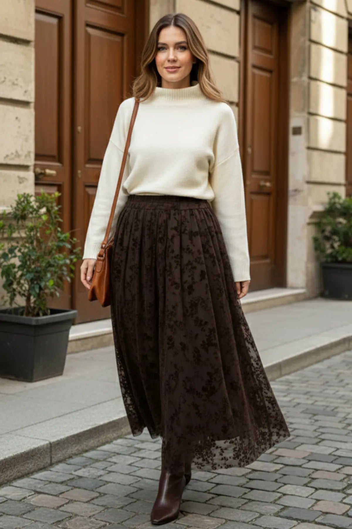 Flock Print Skirt | Brown – NEOMODEST product image 3