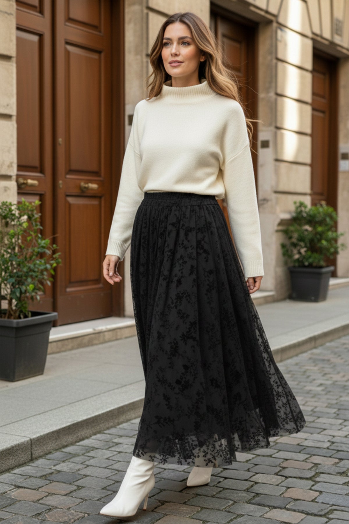 Flock Print Skirt | Black – NEOMODEST product image 1