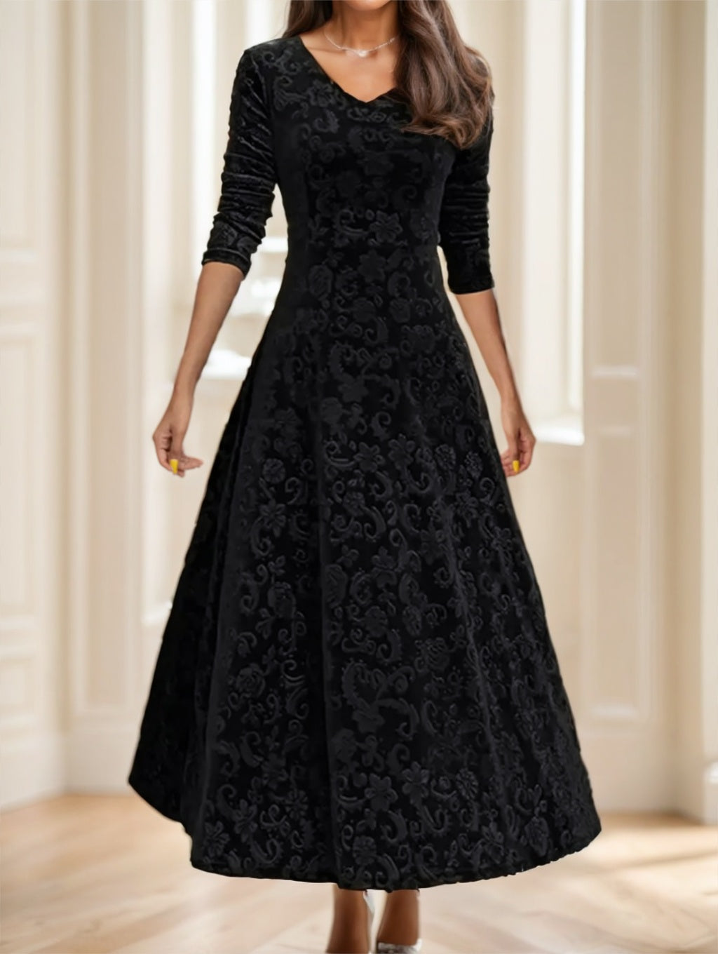 Floral Paisley Pattern Luxury Velvet Dress - Black / 2XL - Dress