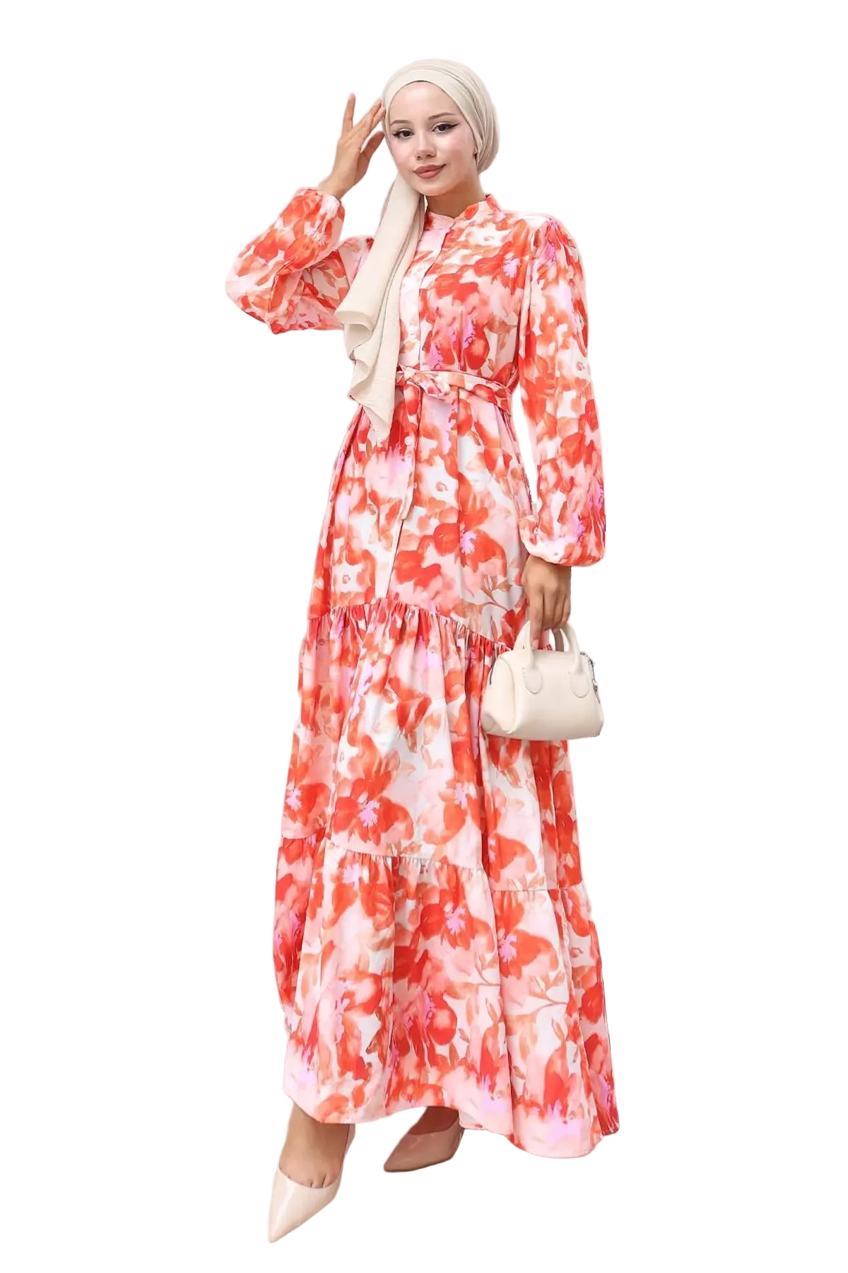 Floral Patterned Modest Dress-Red