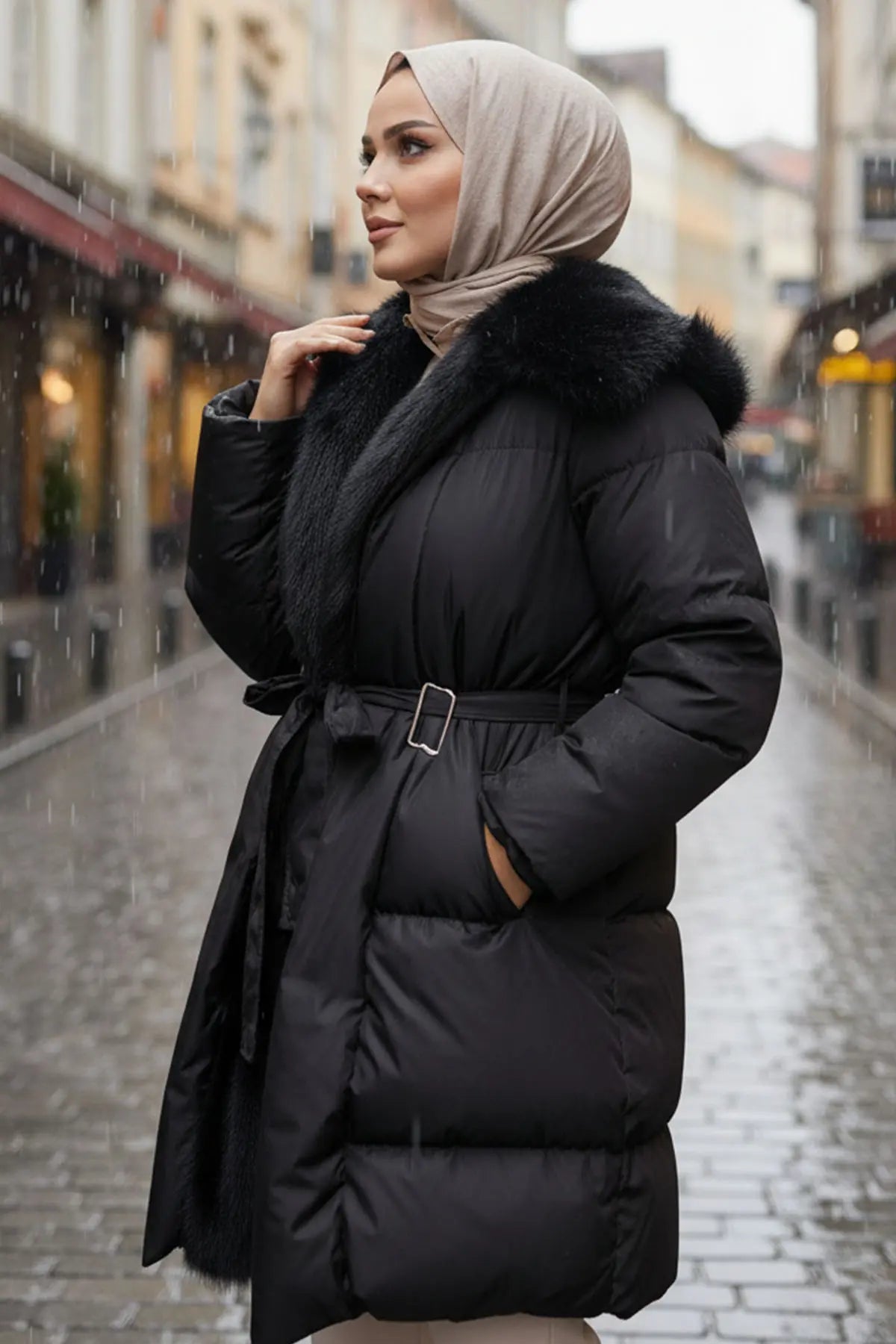Fur Detailed Belted Coat | Black – NEOMODEST product image 2