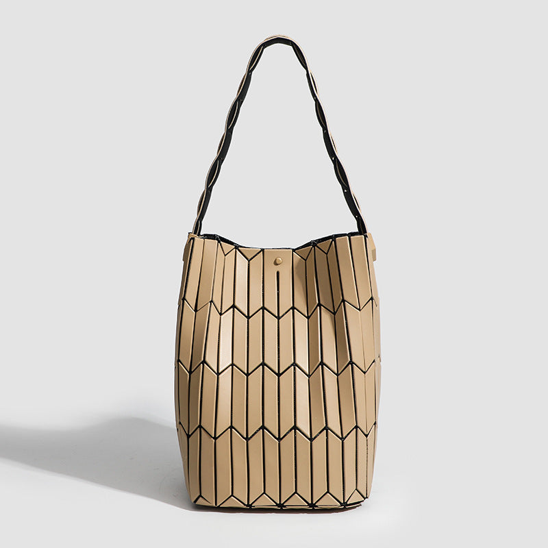 Geometric Rhombus Colour Matching Shoulder Bag - Khaki Large Size - Women’s Shoulder Bag