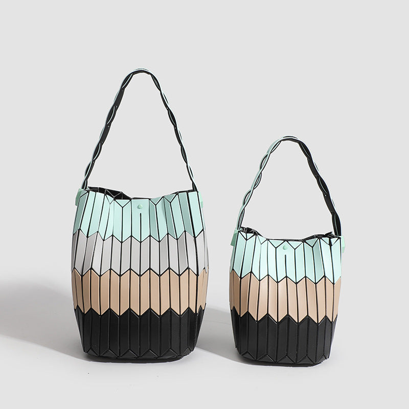 Geometric Rhombus Colour Matching Shoulder Bag - Khaki Stitching Large - Women’s Shoulder Bag