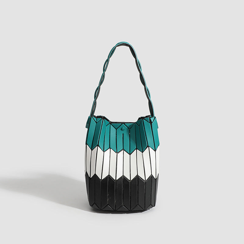 Geometric Rhombus Colour Matching Shoulder Bag - White Stitching Small Size - Women’s Shoulder Bag