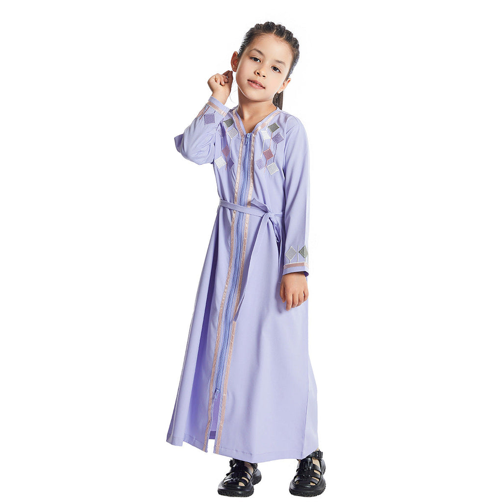 Girls’ Embroidered Zippered Abaya Kids’ Abaya Children’s Hijab Dress - Kids’ Abaya