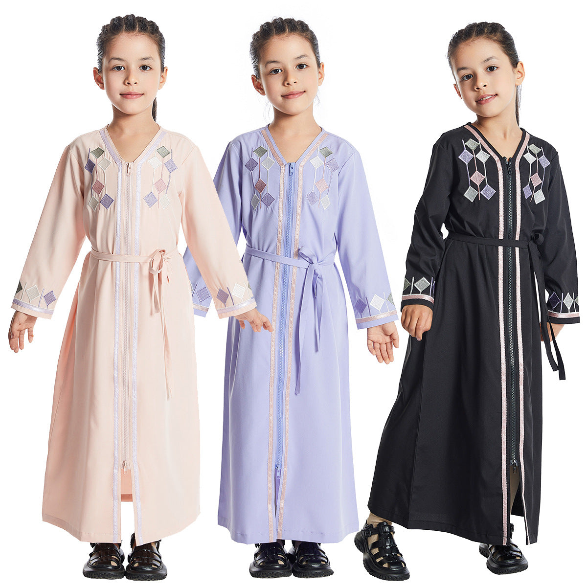 Girls’ Embroidered Zippered Abaya Kids’ Abaya Children’s Hijab Dress - Kids’ Abaya