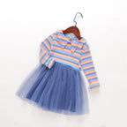 Girls’ Long Sleeve Stripe Dress with Lace - Blue / 100cm - kids modest dress