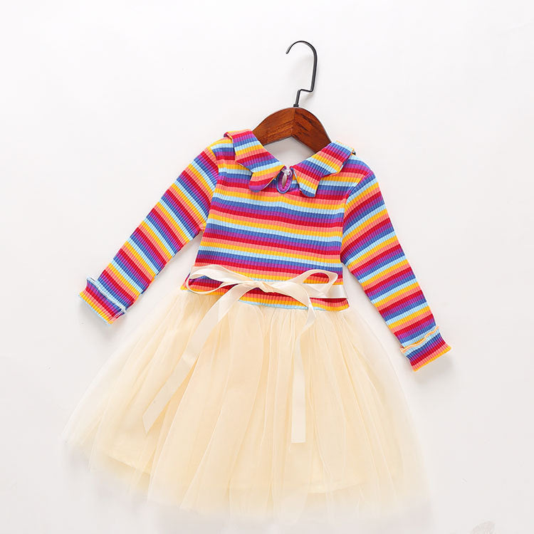 Girls’ Long Sleeve Stripe Dress with Lace - kids modest dress