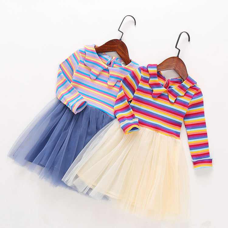 Girls’ Long Sleeve Stripe Dress with Lace - kids modest dress